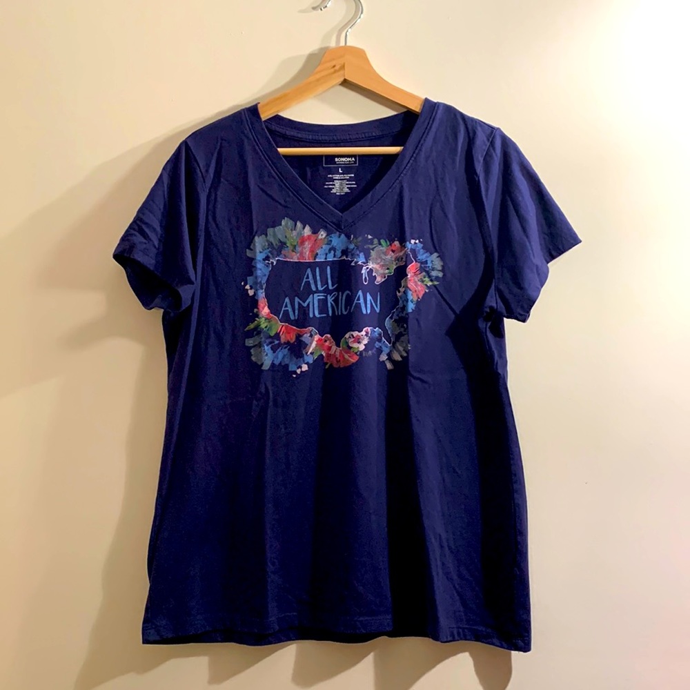 Sonoma Navy Blue All American Graphic V-Neck T-Shirt (Size L)